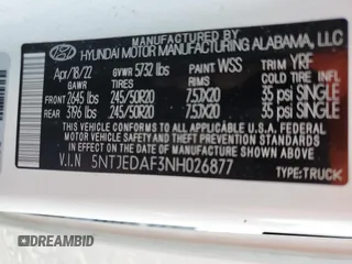 2022 Hyundai Santa Cruz Limited z VIN 5NTJEDAF3NH026877, wystawiony jako Copart lot #58475455 z przebiegiem 22 502 mil mil oraz Szkoda całkowita • Salvage title. Historia ofert i sprzedaży dostępna na DreamBid. Obrazek 12.