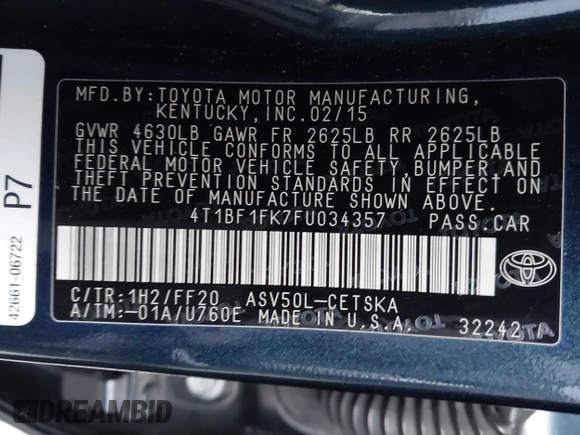 2015 Toyota Camry XLE with VIN 4T1BF1FK7FU034357, listed as a IAAI auction lot 42164943 with 119,294 mi miles and . Bid and sale history available at DreamBid. Image 9.