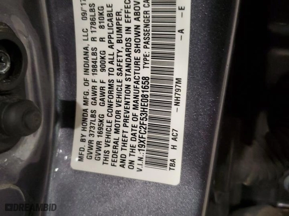 2017 Honda Civic Sedan LX with VIN 19XFC2F53HE081658, listed as a Copart auction lot 52955375 with 106,196 mi miles and Non Repairable. Bid and sale history available at carsss.com. Image 13.