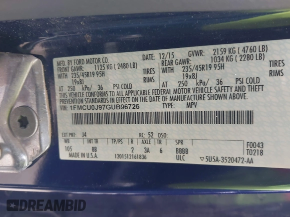 2016 Ford Escape Titanium with VIN 1FMCU0J97GUB96726, listed as a IAAI auction lot 41322229 with 119,237 mi miles. Bid and sale history available at carsss.com. Image 9.