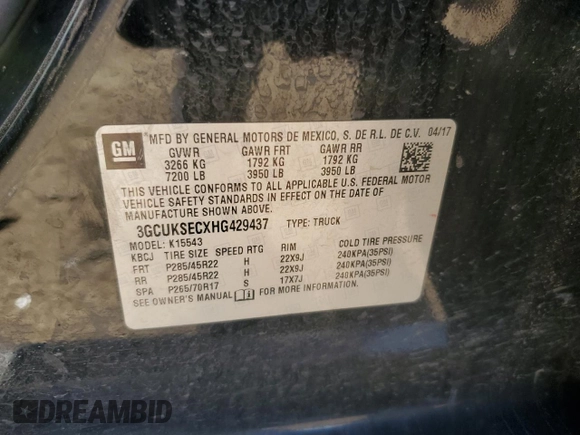 2017 Chevrolet Silverado 1500 LTZ with VIN 3GCUKSECXHG429437, listed as a Copart auction lot 50820385 with 188,357 mi miles and Salvage Title. Bid and sale history available at DreamBid. Image 12.