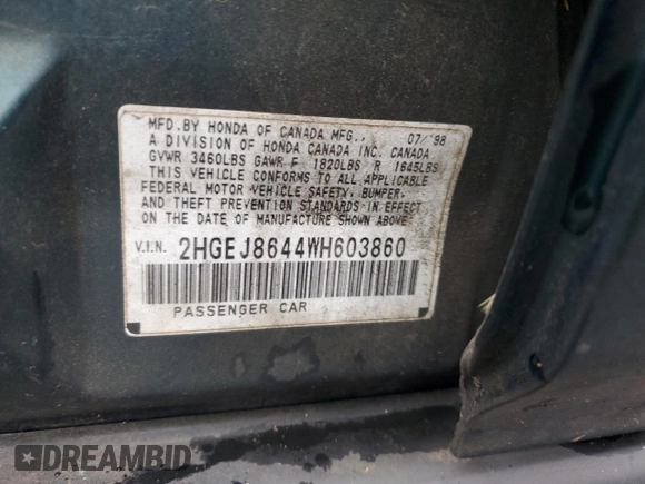1998 Honda Civic EX with VIN 2HGEJ8644WH603860, listed as a Copart auction lot 81964144 with 203,675 mi miles and Salvage Title. Bid and sale history available at carsss.com. Image 12.