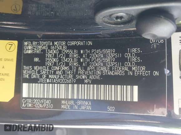 2009 Toyota Highlander Hybrid with VIN JTEEW41A592026819, listed as a IAAI auction lot 41837703 with 216,588 mi miles. Bid and sale history available at carsss.com. Image 9.