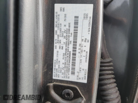 2019 Ford F-150 XL with VIN 1FTEW1CP3KKD68005, listed as a Copart auction lot 50599475 with 129,200 mi miles and Salvage Title. Bid and sale history available at carsss.com. Image 14.
