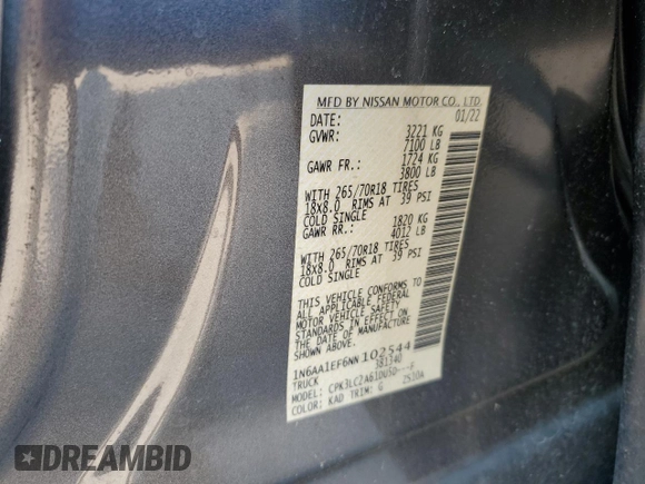 2022 Nissan Titan SV with VIN 1N6AA1EF6NN102544, listed as a Copart auction lot 74983344 with 34,090 mi miles and Salvage title. Bid and sale history available at DreamBid. Image 13.