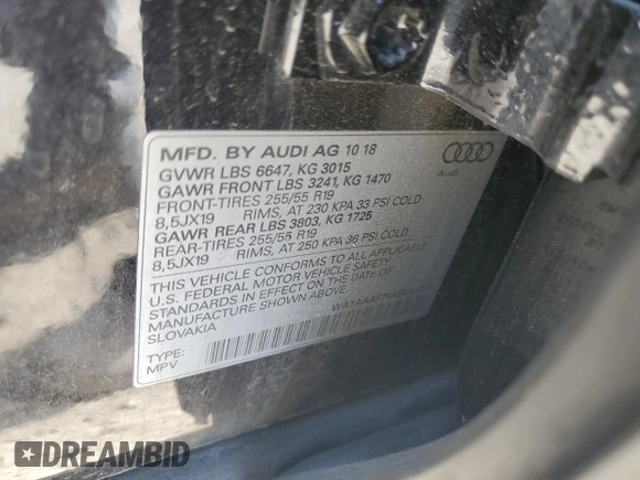 2019 Audi Q7 Premium with VIN WA1AAAF78KD012771, listed as a Copart auction lot 56927625 with 93,806 mi miles and Salvage title. Bid and sale history available at DreamBid. Image 12.