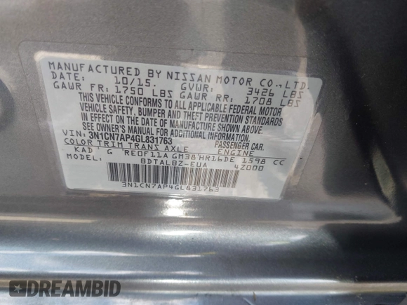 2016 Nissan Versa S z VIN 3N1CN7AP4GL831763, wystawiony jako IAAI lot #42243154 z przebiegiem 89 322 mil mil oraz . Historia ofert i sprzedaży dostępna na DreamBid. Obrazek 9.
