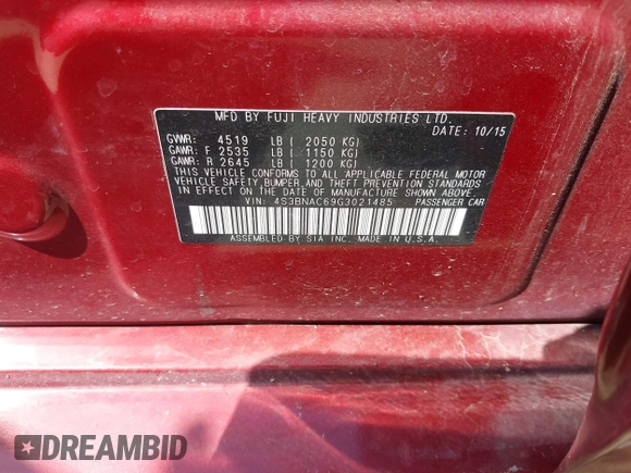 2016 Subaru Legacy Premium with VIN 4S3BNAC69G3021485, listed as a IAAI auction lot 42112733 with 56,014 mi miles and . Bid and sale history available at DreamBid. Image 9.