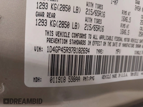 2007 Dodge Caravan SXT with VIN 1D4GP45R97B182694, listed as a IAAI auction lot 41295286 with Not Provided miles and . Bid and sale history available at DreamBid. Image 9.