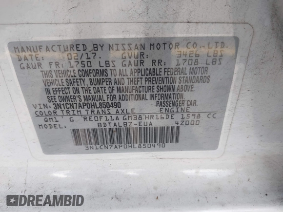 2017 Nissan Versa SV with VIN 3N1CN7AP0HL850490, listed as a IAAI auction lot 42207099 with 150,145 mi miles and . Bid and sale history available at DreamBid. Image 9.
