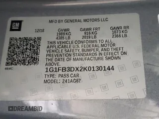 2019 Chevrolet Camaro 1LT with VIN 1G1FB3DX2K0130144, listed as a Copart auction lot 87175444 with 0 mi miles and Clean Title. Bid and sale history available at carsss.com. Image 13.
