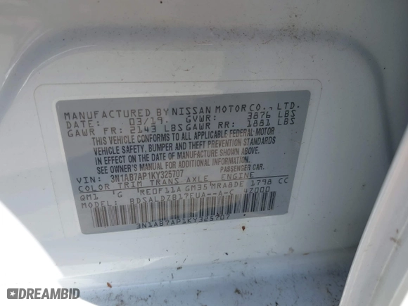 2019 Nissan Sentra SR with VIN 3N1AB7AP1KY325707, listed as a IAAI auction lot 41943304 with 1 mi miles. Bid and sale history available at carsss.com. Image 9.