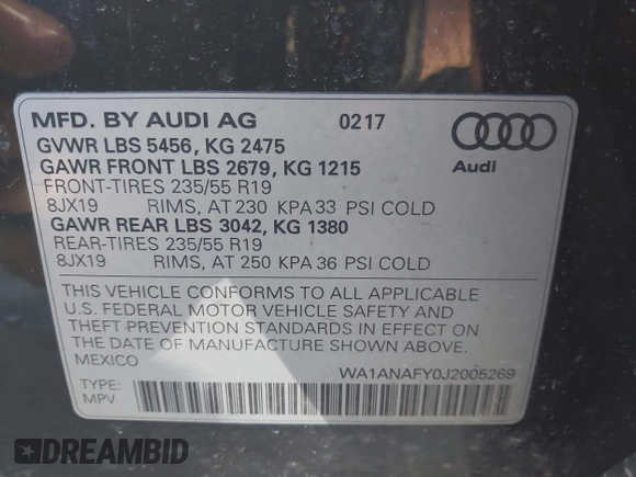 2018 Audi Q5 Premium with VIN WA1ANAFY0J2005269, listed as a IAAI auction lot 41811924 with 63,227 mi miles. Bid and sale history available at carsss.com. Image 9.