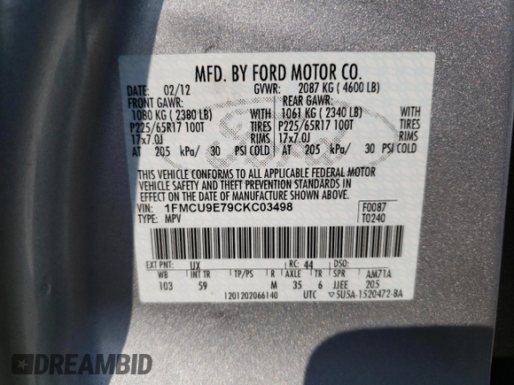 2012 Ford Escape Limited with VIN 1FMCU9E79CKC03498, listed as a Copart auction lot 60524815 with 150,239 mi miles and Clean title. Bid and sale history available at DreamBid. Image 13.