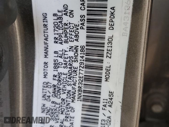 2007 Toyota Corolla CE with VIN 1NXBR32E77Z914186, listed as a Copart auction lot 50660675 with 196,596 mi miles and Salvage Title. Bid and sale history available at DreamBid. Image 14.