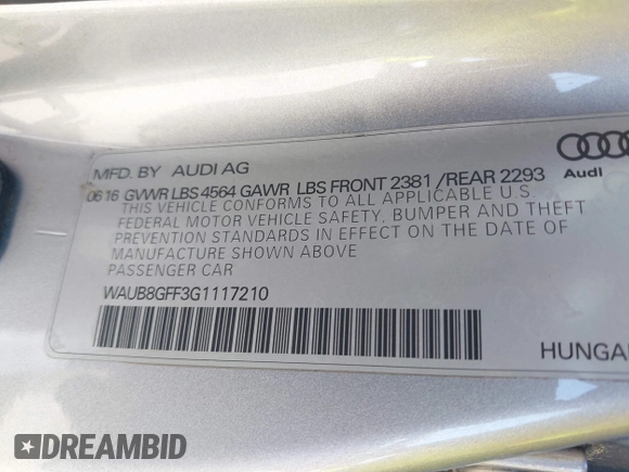 2016 Audi A3 Premium with VIN WAUB8GFF3G1117210, listed as a IAAI auction lot 42120114 with 70,653 mi miles and . Bid and sale history available at DreamBid. Image 9.