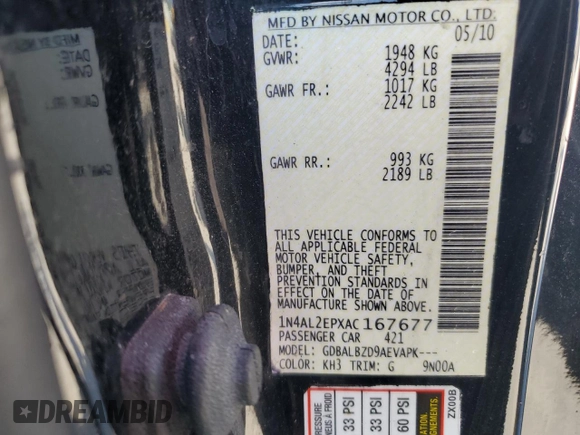 2010 Nissan Altima 2.5 S with VIN 1N4AL2EPXAC167677, listed as a Copart auction lot 49306665 with 107,691 mi miles and Clean Title. Bid and sale history available at carsss.com. Image 12.