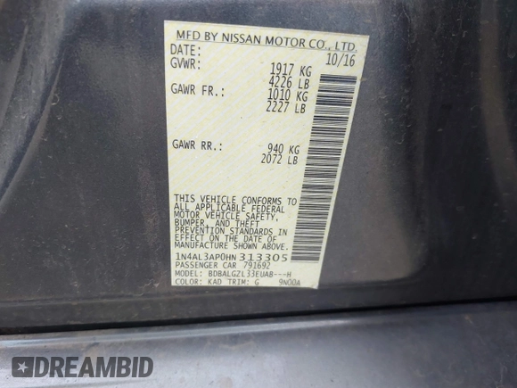 2017 Nissan Altima SR z VIN 1N4AL3AP0HN313305, wystawiony jako IAAI lot #41807901 z przebiegiem 109 558 mil mil oraz . Historia ofert i sprzedaży dostępna na DreamBid. Obrazek 9.