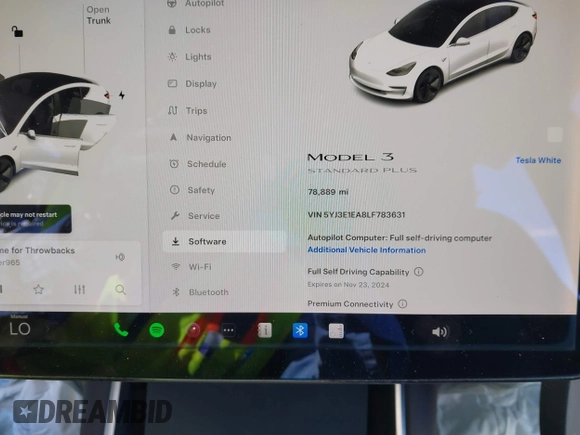 2020 Tesla Model 3 Standard Range Plus with VIN 5YJ3E1EA8LF783631, listed as a IAAI auction lot 40696383 with 78,889 mi miles. Bid and sale history available at carsss.com. Image 7.