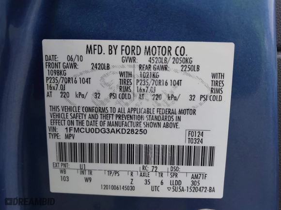 2010 Ford Escape XLT with VIN 1FMCU0DG3AKD28250, listed as a IAAI auction lot 41426617 with 172,257 mi miles. Bid and sale history available at carsss.com. Image 9.