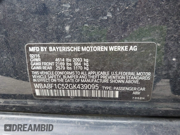 2016 BMW 3 Series with VIN WBA8F1C52GK439095, listed as a IAAI auction lot 42294449 with 309,979 mi miles and . Bid and sale history available at DreamBid. Image 9.