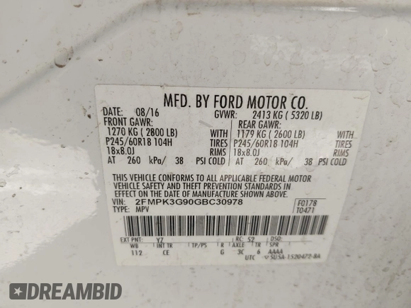 2016 Ford Edge SE with VIN 2FMPK3G90GBC30978, listed as a IAAI auction lot 42547884 with 87,823 mi miles and . Bid and sale history available at DreamBid. Image 9.