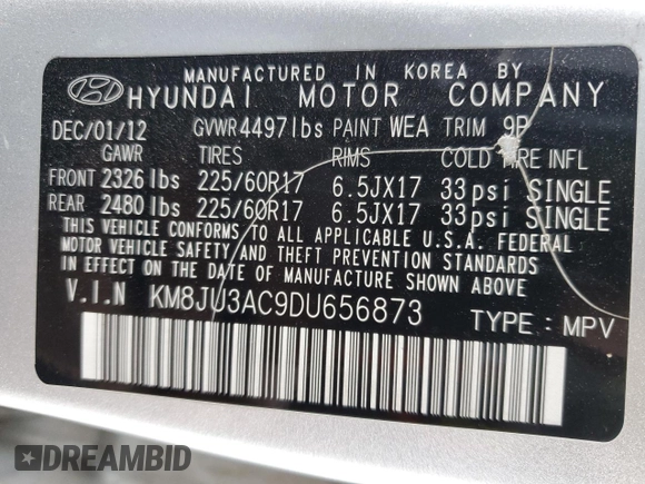 2013 Hyundai Tucson GLS with VIN KM8JU3AC9DU656873, listed as a Copart auction lot 43783415 with 143,513 mi miles and Salvage Title. Bid and sale history available at carsss.com. Image 12.