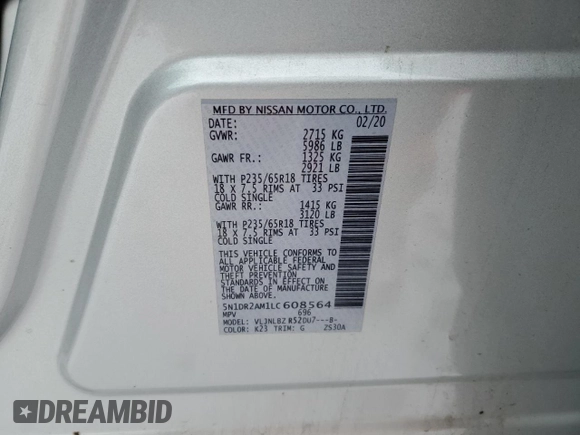2020 Nissan Pathfinder S with VIN 5N1DR2AM1LC608564, listed as a Copart auction lot 46045955 with 83,886 mi miles and Salvage Title. Bid and sale history available at carsss.com. Image 13.