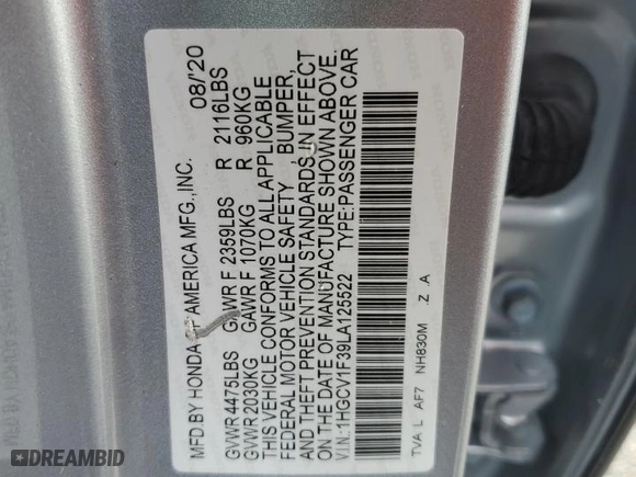 2020 Honda Accord Sedan Sport with VIN 1HGCV1F39LA125522, listed as a Copart auction lot 67467894 with 33,014 mi miles and Salvage Title. Bid and sale history available at carsss.com. Image 12.