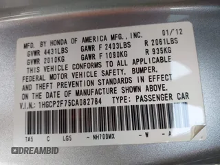 2012 Honda Accord EX with VIN 1HGCP2F75CA082784, listed as a IAAI auction lot 41914030 with 121,758 mi miles and . Bid and sale history available at DreamBid. Image 9.