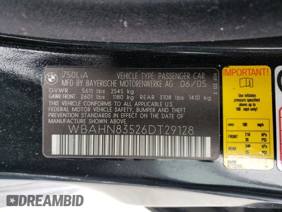 2006 BMW 7 Series 750Li z VIN WBAHN83526DT29128, wystawiony jako Copart lot #83745544 z przebiegiem 155 589 mil mil oraz Szkoda całkowita • Salvage title. Historia ofert i sprzedaży dostępna na DreamBid. Obrazek 12.