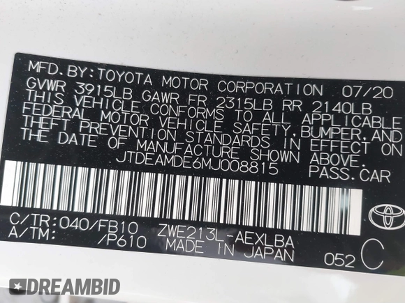 2021 Toyota Corolla Hybrid LE with VIN JTDEAMDE6MJ008815, listed as a IAAI auction lot 41586643 with 7,548 mi miles. Bid and sale history available at carsss.com. Image 9.