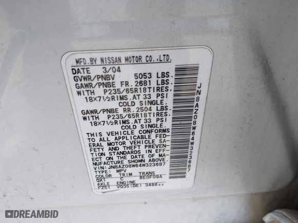 2004 Nissan Murano SE with VIN JN8AZ08W64W323687, listed as a IAAI auction lot 41714333 with 1 mi miles. Bid and sale history available at carsss.com. Image 9.
