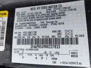 2019 Ford Fusion Energi Titanium with VIN 3FA6P0SU9KR227833, listed as a IAAI auction lot 41563968 with 77,567 mi miles. Bid and sale history available at carsss.com. Image 9.