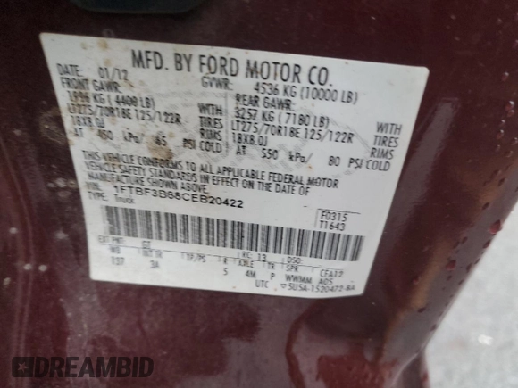 2012 Ford F-350 XL with VIN 1FTBF3B68CEB20422, listed as a Copart auction lot 83944404 with 133,926 mi miles and Salvage Title. Bid and sale history available at DreamBid. Image 14.