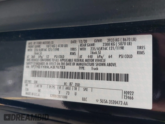 2020 Ford Transit Cargo z VIN 1FTYE1Y89LKB76753, wystawiony jako IAAI lot #42468252 z przebiegiem 53 193 mil mil oraz . Historia ofert i sprzedaży dostępna na DreamBid. Obrazek 9.
