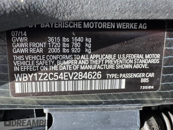 2014 BMW i3 with VIN WBY1Z2C54EV284626, listed as a Copart auction lot 61809165 with 27,008 mi miles and Clean title. Bid and sale history available at DreamBid. Image 15.