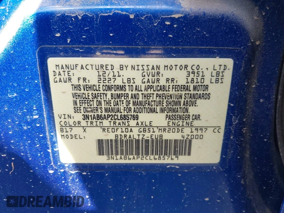 2012 Nissan Sentra S with VIN 3N1AB6AP2CL685769, listed as a IAAI auction lot 41816768 with 154,016 mi miles and . Bid and sale history available at DreamBid. Image 9.