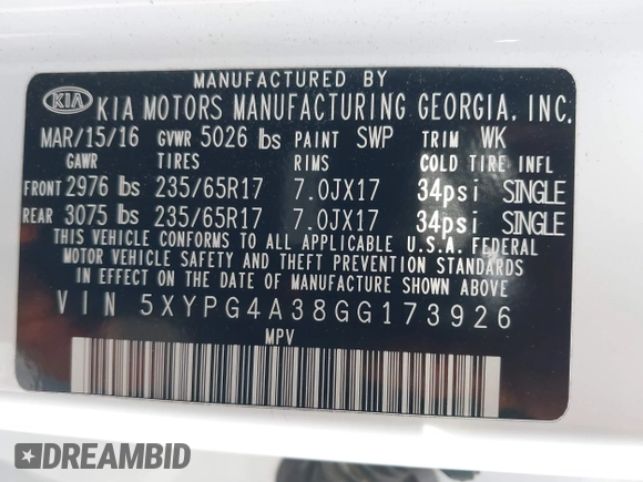2016 Kia Sorento LX with VIN 5XYPG4A38GG173926, listed as a IAAI auction lot 41921254 with 1 mi miles. Bid and sale history available at carsss.com. Image 9.