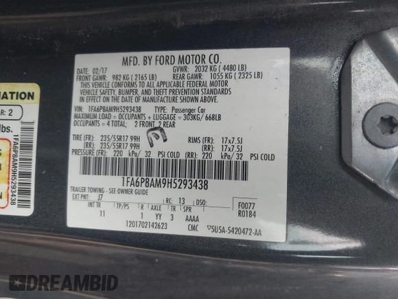 2017 Ford Mustang V6 with VIN 1FA6P8AM9H5293438, listed as a IAAI auction lot 41777002 with 134,060 mi miles and . Bid and sale history available at carsss.com. Image 9.