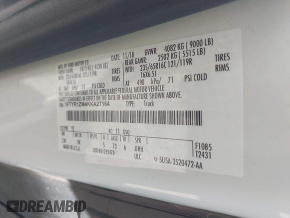 2019 Ford Transit with VIN 1FTYR1ZM4KKA27164, listed as a IAAI auction lot 42765315 with 115,196 mi miles and . Bid and sale history available at DreamBid. Image 9.