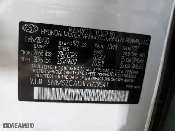 2020 Hyundai Santa Fe SE with VIN 5NMS2CAD1LH229541, listed as a Copart auction lot 85971114 with 83,879 mi miles and Salvage Title. Bid and sale history available at carsss.com. Image 14.