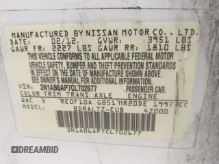 2012 Nissan Sentra 2.0 with VIN 3N1AB6AP7CL702677, listed as a IAAI auction lot 42134487 with 183,123 mi miles and . Bid and sale history available at DreamBid. Image 9.