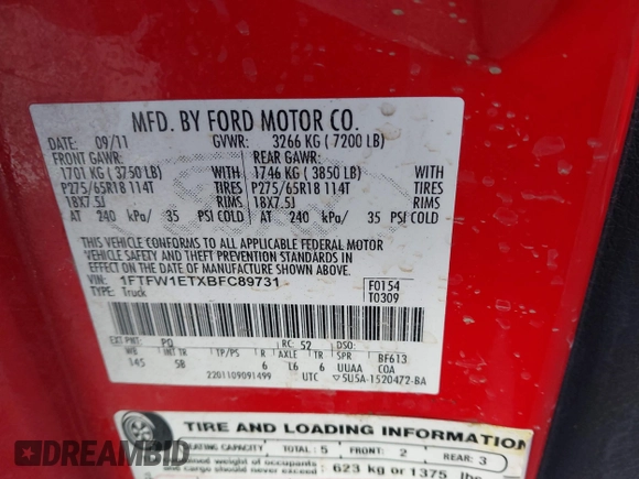 2011 Ford F-150 XLT with VIN 1FTFW1ETXBFC89731, listed as a IAAI auction lot 41709728 with 1 mi miles. Bid and sale history available at carsss.com. Image 9.