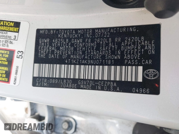 2022 Toyota Camry TRD with VIN 4T1KZ1AK9NU071181, listed as a IAAI auction lot 41758219 with 103,200 mi miles and . Bid and sale history available at DreamBid. Image 9.