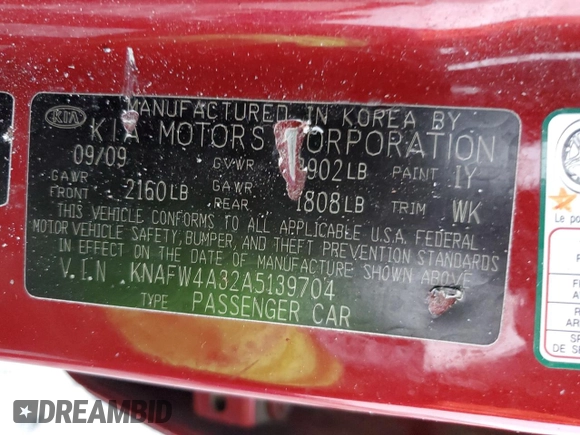 2010 Kia Forte SX with VIN KNAFW4A32A5139704, listed as a Copart auction lot 80333544 with 193,450 mi miles and Salvage Title. Bid and sale history available at carsss.com. Image 13.