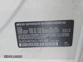 2012 BMW X5 35i с VIN 5UXZV4C5XCL765368, выставлен на аукционе IAAI как лот 42526136 с пробегом 165 365 миль миль и . История ставок и продаж доступна на DreamBid. Изображение 9.