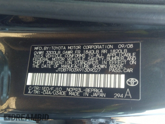 2009 Toyota Yaris z VIN JTDBT903X91309027, wystawiony jako IAAI lot #41605884 z przebiegiem 277 523 mil mil oraz . Historia ofert i sprzedaży dostępna na DreamBid. Obrazek 9.