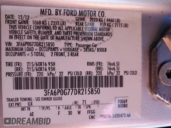 2013 Ford Fusion S with VIN 3FA6P0G77DR215850, listed as a Copart auction lot 52010685 with 115,044 mi miles and Salvage Title. Bid and sale history available at carsss.com. Image 12.