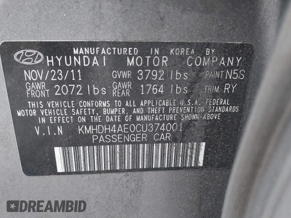 2012 Hyundai Elantra Limited with VIN KMHDH4AE0CU374001, listed as a IAAI auction lot 42394880 with 99,282 mi miles and . Bid and sale history available at DreamBid. Image 9.